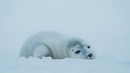 A serene gray seal resting on a snowy surface, blending beautifully into the winter wonderland around it.