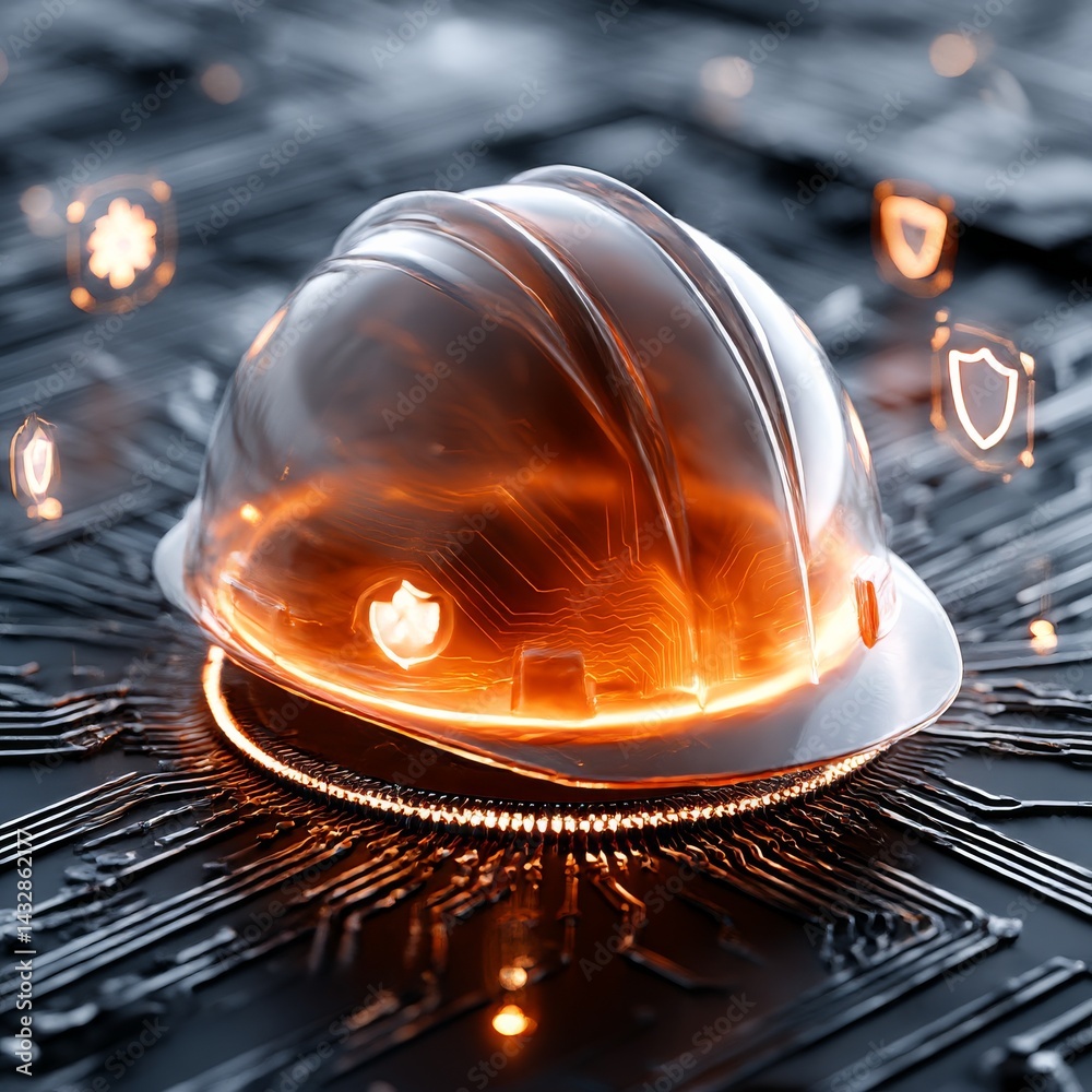 Fototapete cybersecurity protection: digital hard hat shielding network infrastructure from cyber threats and v