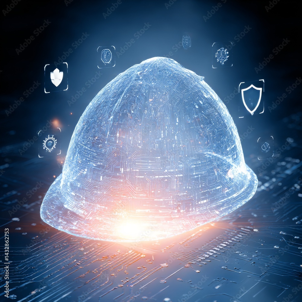 Aufkleber digital safety: futuristic hard hat with security icons on circuit board background, representing te