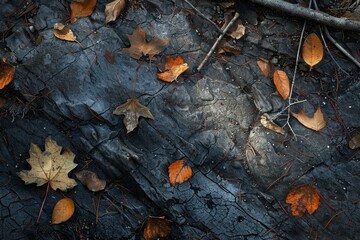 A close-up view of fallen leaves and twigs resting on a dark, cracked rock surface in a forest, Faint imprints of fallen leaves and twigs