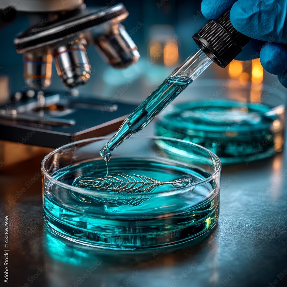 Poster experimentation: microscopic study of liquid interaction with botanical specimen in petri dish