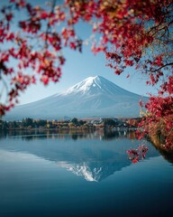 Serene mount fuji reflection in calm lake kawaguchiko waters framed by vibrant red maple leaves autumn scenery peaceful japanese landscape travel destination © Aether Pixels