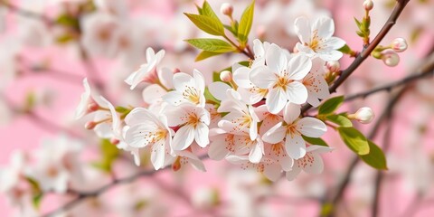 Fototapeta premium Delicate white cherry blossoms on a pastel pink background, springtime nature scene, delicate, pastel pink