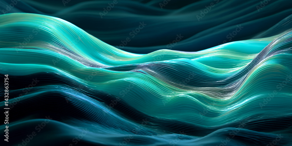 Poster abstract teal waves, layered and flowing, create a dynamic, textured image symbolizing fluidity, mov