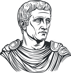 Black and white illustration of a classical Roman emperor bust showing serious expression and antique clothing.