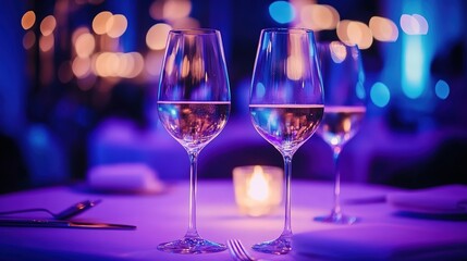 Champagne flutes on table in dimly lit bar with candlelight and bokeh lights.
