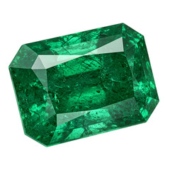 Exquisite emerald gemstone on transparent background, close-up showing intricate details and vibrant green color, macro photography