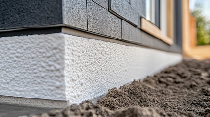 Close-up of high-density foam drainage board affixed to foundation wall