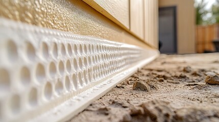 Close-up of high-density foam drainage board affixed to foundation wall