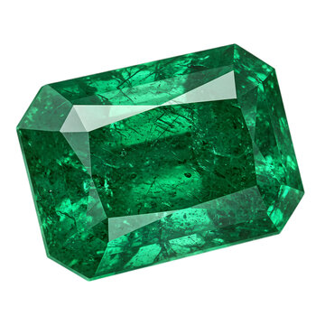 Exquisite emerald gemstone on transparent background, close-up showing intricate details and vibrant green color, macro photography