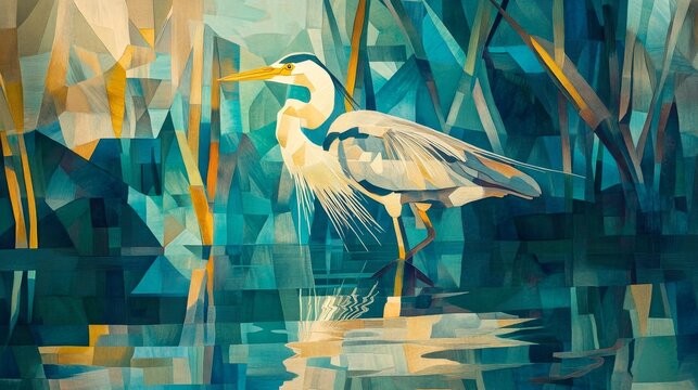 Heron stands in water abstract painting style with blue green and yellow tones.