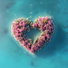 Heart-shaped island with vibrant pink flowers in clear blue water Generative AI