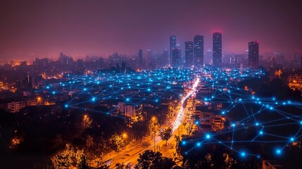 Obraz premium Wide-angle aerial night view of city skyline, featuring glowing blue network connections between buildings and roads. Dark sky with distant clouds, 