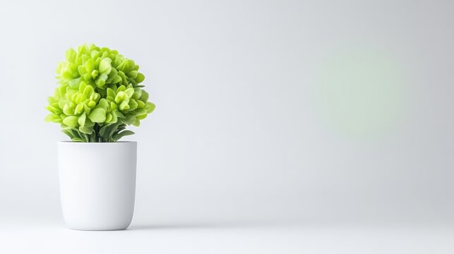 Small green artificial plant in a white ceramic pot isolated on a minimalist light grey background with copy space.