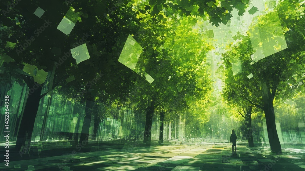 Wall mural person walks on path in green forest with floating papers above trees.