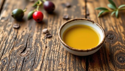 Olive oil in small dish on left, rustic wood tone