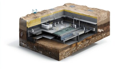 Cross-section of foundation waterproofing layers and drain tile installation