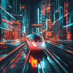 High-speed train navigating through a futuristic cityscape at night Generative AI