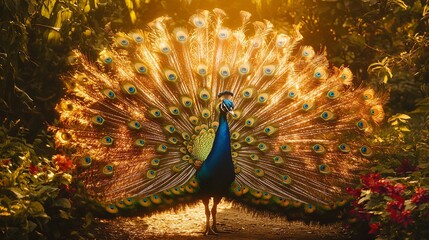 A stunning male peacock displays its vibrant plumage in a sunlit garden, showcasing iridescent feathers and a colorful tail.