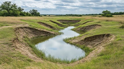 Obraz premium Engineered site berm with grass cover preventing ponding around structure