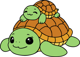 A joyful scene of a mother turtle and her baby enjoying their underwater world in a colorful cartoonish style.