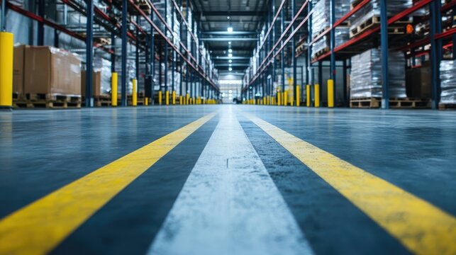 Floor markings indicating safe walkways and forklift lanes