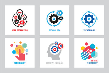Technology gear concept business icons logo set template design. Cogwheel mechanic signs. Computer network SEO icons. Search engine optimization. Design elements. Vector illustration