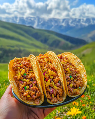 Delicious dessert tacos filled with colorful cereal in a scenic landscape Generative AI