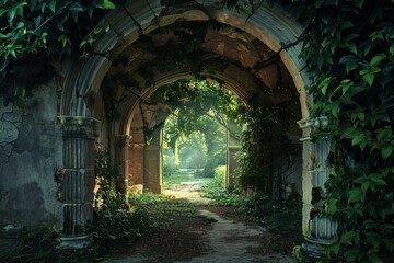 Fototapeta premium A stone archway, overgrown with vines, leads to a hidden, lush garden, A secret garden hidden behind a vine-covered archway, waiting to be discovered