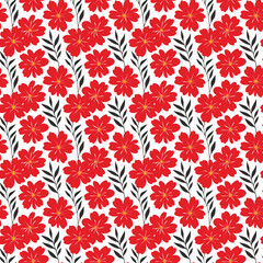 seamless pattern design features vibrant red flowers and green leaves arranged in a repetitive and symmetrical manner, creating an elegant and decorative look