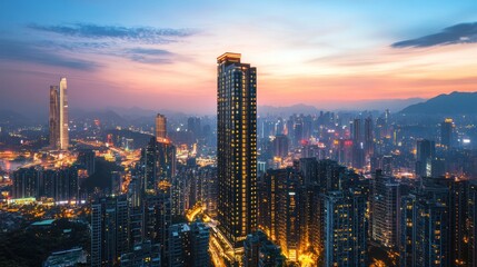 Obraz premium Cityscape sunset Hong Kong highrise buildings