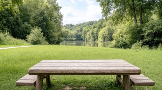 Empty wooden picnic table on a green grassy lawn in a park with trees and a lake in the background.