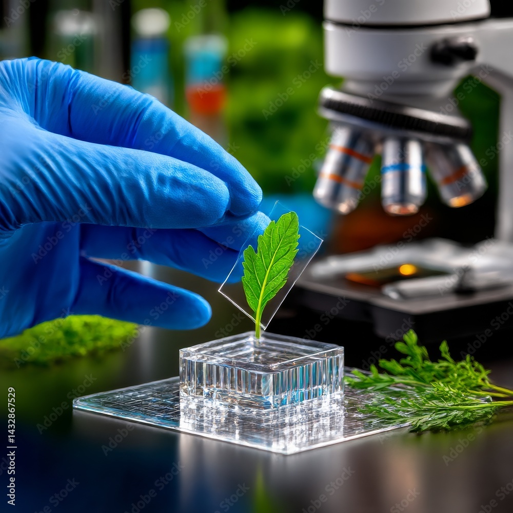 Poster Plant Leaf Analysis: Close-up of a botanist examining a leaf sample under a microscope in a laboratory