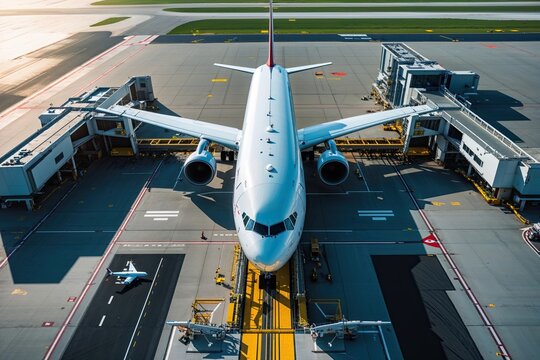 Aerial Perspective of Airplanes at Boarding Gate in Contemporary Airport