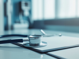 Medical Equipment with Stethoscope on Examination Table in Bright Healthcare Environment