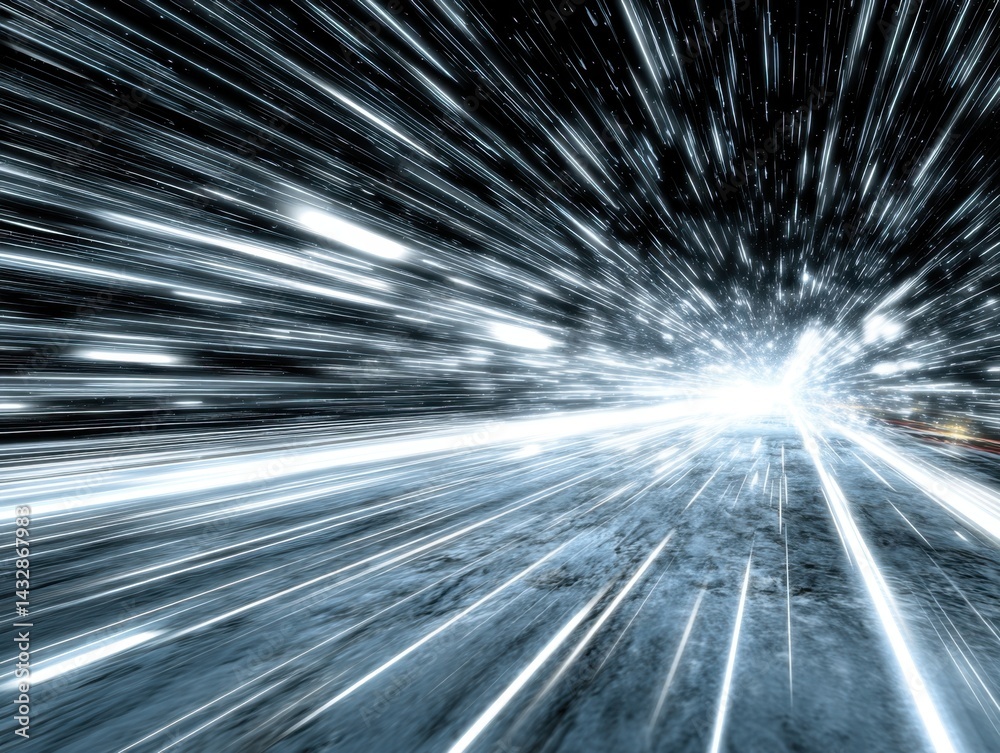 Poster abstract light speed travel through space with glowing trails and cosmic dust creating a futuristic 