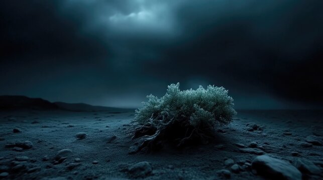 A glowing white bush stands isolated in a dark barren landscape under a dramatic stormy sky.