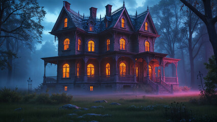 Victorian haunted house glowing in the forest at twilight with fog and warm lights