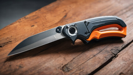 Modern Folding Knife on a Rustic Wooden Surface with a Sharp Blade and Ergonomic Handle