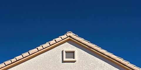 White stucco house gable with beige tile roof and vent against blue sky.