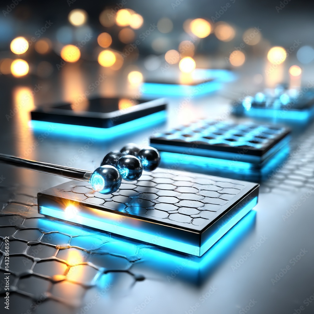 Poster Quantum Computing: Metallic spheres aligned on hexagonal-patterned platforms illuminate the path to the future of information processing.