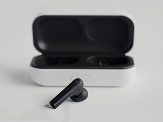 Wireless earbud with charging case on a sleek surface in bright natural lighting
