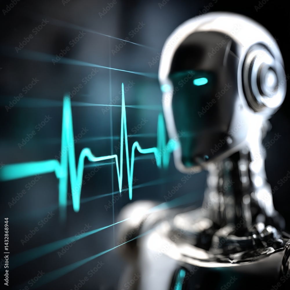 Leinwandbilder Robot and Heartbeat: An Artificial Intelligence Analysis of Human Health Monitoring Systems in the Future.