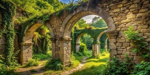 Fototapeta premium Ancient stone arches with soft natural light filtering through the gaps, overgrown vegetation , weathered stone