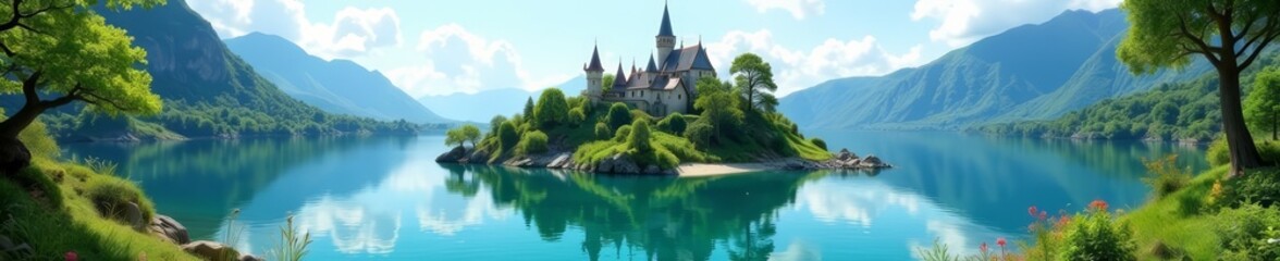 Obraz premium Enchanted island with crystal-clear lakes and lush meadows, meadow, fantasy