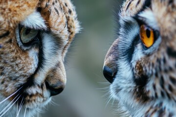 Two leopards, one with brown and black spots and the other with black and brown stripes, stare intensely at each other, The tension in the air as a predator and prey lock eyes