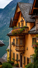 Obraz premium Orange building with wooden details, balcony flowers, and mountain background showcasing alpine architecture, representing European charm and scenic beauty