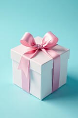 Fototapeta premium Feminine gift box with pastel pink bow on pale blue background, girly, birthday