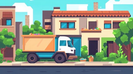 Obraz premium Residential garbage truck collecting waste at curbside