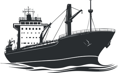 Obraz premium Black and white silhouette illustration of a large cargo ship with cranes on the water surface